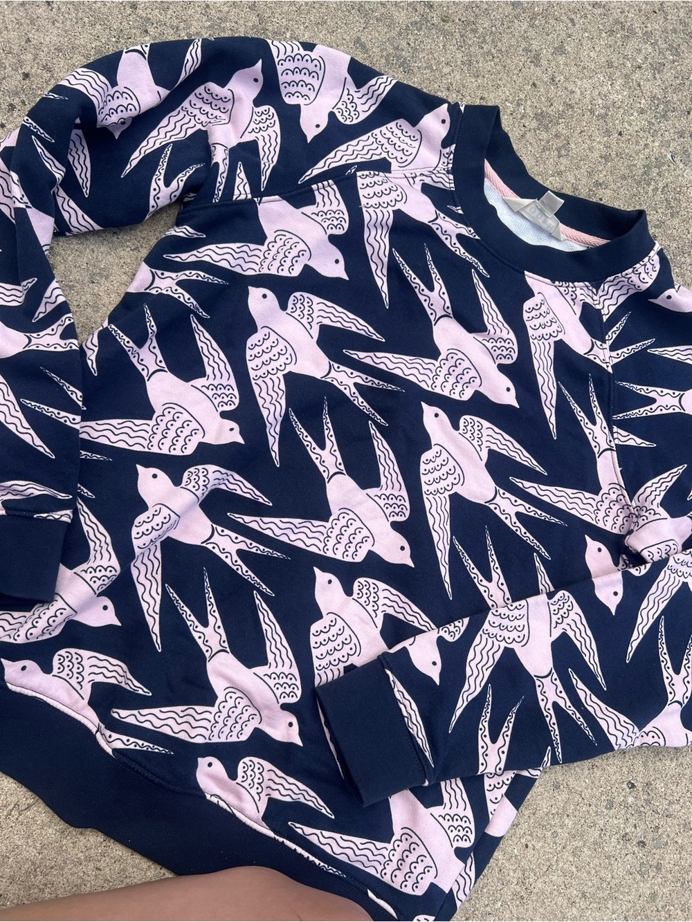 Boden Bird Print Sweatshirt Small Navy Pink Swallow Crewneck Cottagecore Top